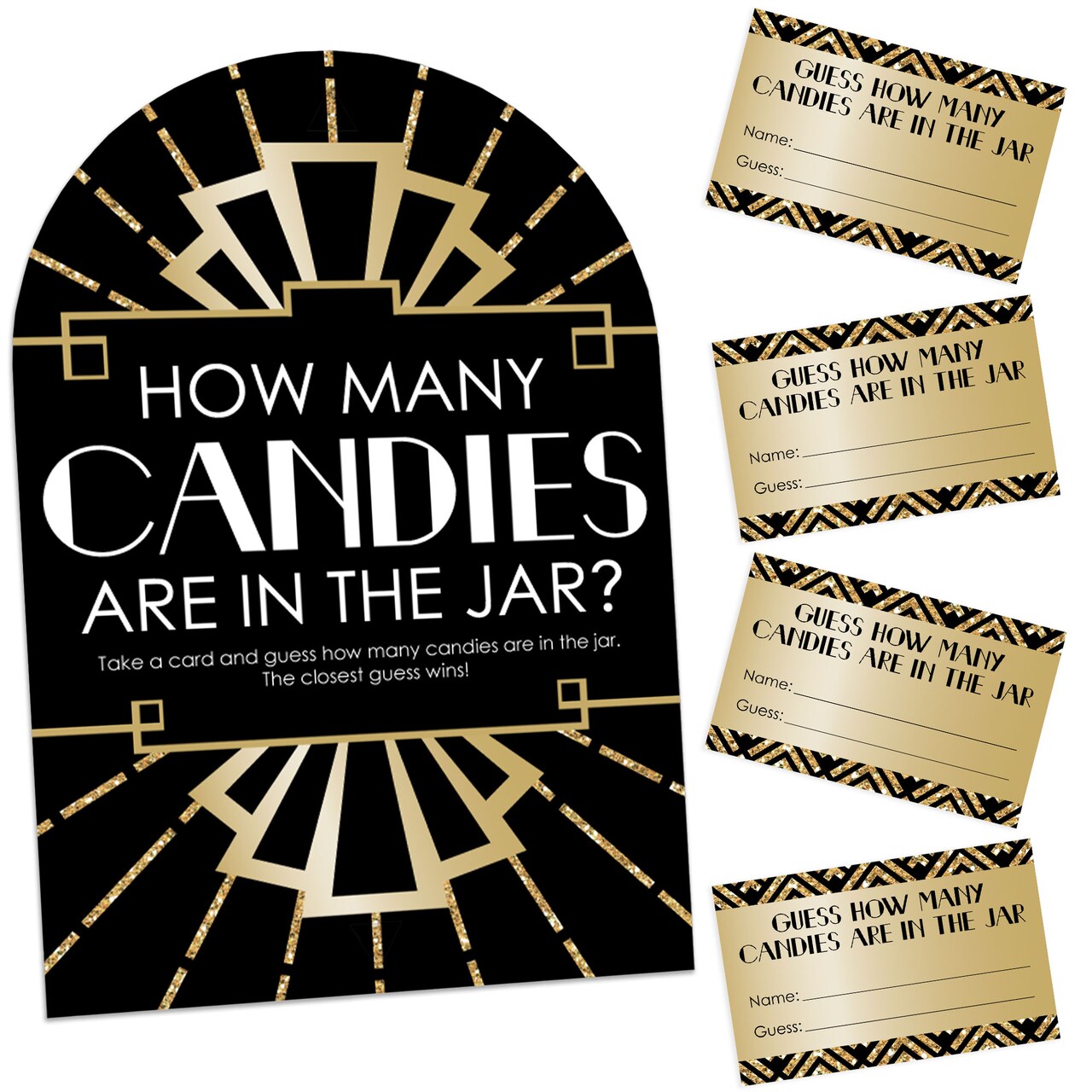Big Dot of Happiness Roaring 20’s - How Many Candies 1920s Art Deco Jazz Party Game - 1 Stand and 40 Cards - Candy Guessing Game